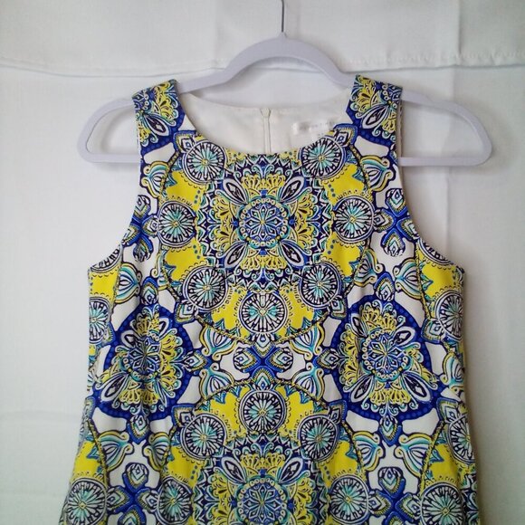 London Times Dress Women 6 Sleeveless Pattern Back Zip Yellow Blue - Picture 2 of 12
